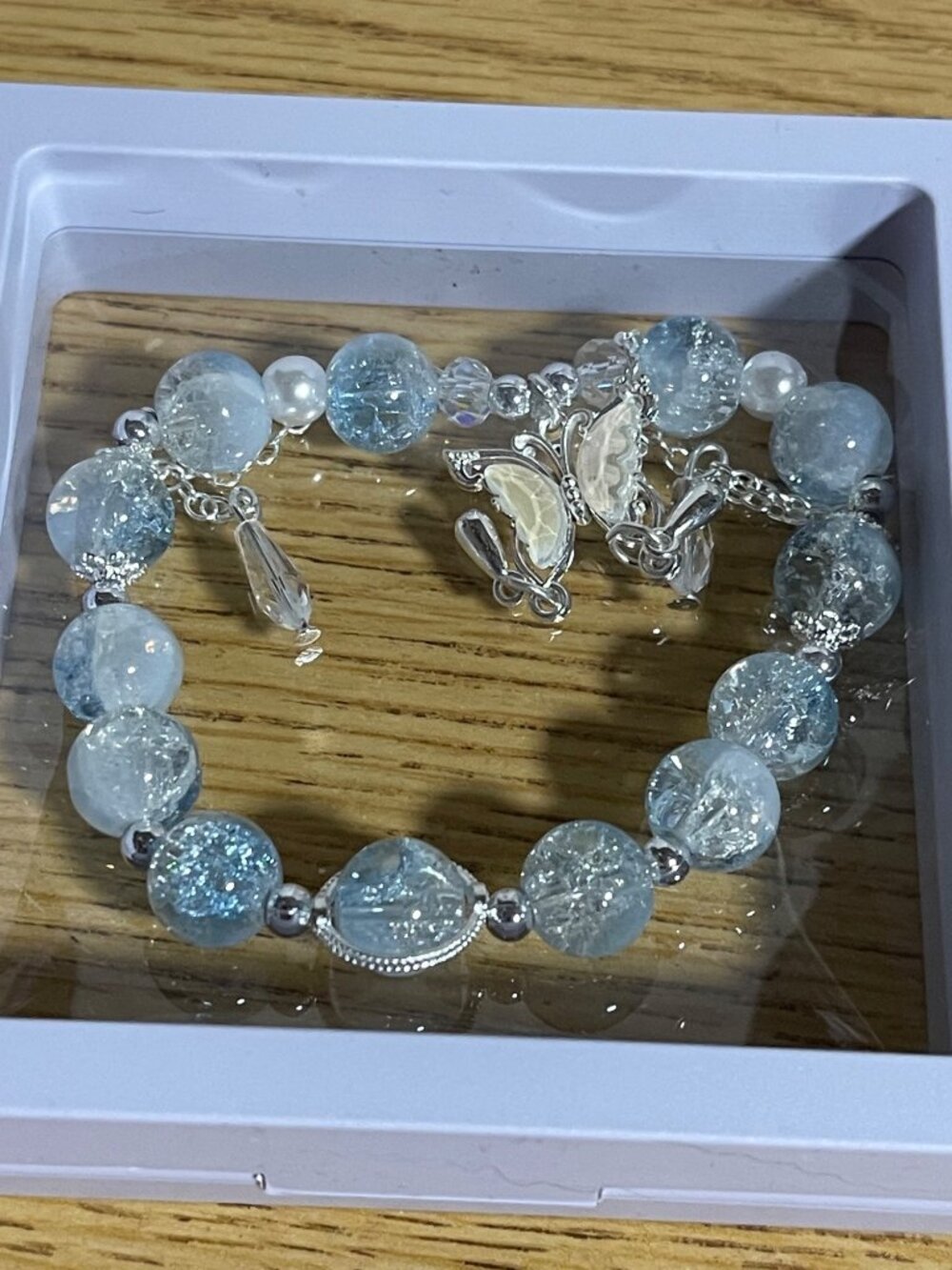 Blue Beaded Stretch Bracelet With Butterfly Charm & Crystal Accents